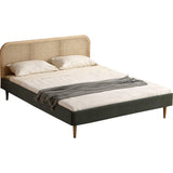 HOMIFAB Lit Adulte 140x190 cm en Velours côtelé Vert Kaki avec tête de lit en cannage - Dalia