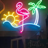 Lampe néon d'été à intensité variable alimentée par USB, en acrylique, flamant rose, palmier vert, décoration artistique pour décoration de plage, chambre de fille, hôtel, plage, piscine, fête (40 x