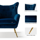 HULALA HOME Fauteuil de lecture confortable, à oreilles, rembourré, avec pieds en métal doré, confortable, en velours, pour salon, chambre à coucher, bleu