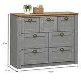 IDIMEX Commode Chambre Bolton L 110 cm en Bois Massif Gris et Brun 7 tiroirs Meuble de Rangement Adulte Buffet Pratique Style Campagne Classique avec Poignets Coquille en métal Coloris Bronze