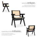tectake® Chaise de Salle à Manger Design Noir en Bois Massif & Cannage Chaise de Table à Manger avec Accoudoirs Confortable pour Coiffeuse, Chambre, Cuisine, Bureau, Cabinet, Dressing
