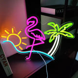 Lampe néon d'été à intensité variable alimentée par USB, en acrylique, flamant rose, palmier vert, décoration artistique pour décoration de plage, chambre de fille, hôtel, plage, piscine, fête (40 x