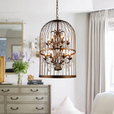 Kikioo Lustre Cage À Oiseaux Marron 14 Pouces 4 Lumière Industriel Vintage Bar Cage Oiseau Suspension, Lustre en Cristal LED Luxueux pour Escalier Salons Chambres Greniers Villas Salles de Mariage