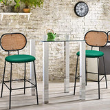 Lot de 2 tabourets de bar en cuir synthétique avec dossier en imitation rotin et cadre en métal, chaises de salle à manger pour cuisine, bar Vert