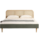 HOMIFAB Lit Adulte 140x190 cm en Velours côtelé Vert Kaki avec tête de lit en cannage - Dalia