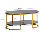 WOHNLING Table basse 100 x 60 x 45 cm - Noir avec aspect marbre - Table de salon design rectangulaire avec étagère - Table basse moderne avec structure en métal doré