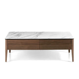 Angel Cerdá - Table Basse Rectangulaire avec Plateau en Porcelaine Calacatta et Base en Noyer - Table Basse Moderne avec Tiroirs - Originale et Versatile - Matériaux Résistants - 120 x 60 x 40 cm