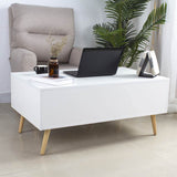 BAKAJI Table de séjour, Salon avec rehausseur, Compartiment de Rangement, Table de Salon Moderne, ouvrable, Blanc, Pieds en Bois, 100 x 60 x 45 cm