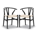 Lot de 2 chaises Y en bois massif du milieu du siècle – Design Wishbone – Chaises de salle à manger avec accoudoirs et assise en chanvre en frêne et finition noyer (noir)