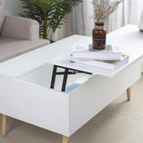 BAKAJI Table de séjour, Salon avec rehausseur, Compartiment de Rangement, Table de Salon Moderne, ouvrable, Blanc, Pieds en Bois, 100 x 60 x 45 cm