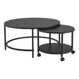 [en.casa] Lot de 2 Tables Basses Rondes Ensemble de Meubles de Salon Gigognes roulettes Espace de Rangement Panneau de Particules Mélaminé Acier Laqué Noir Mat