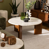 Atmosphera Créateur d'Intérieur - Table Basse Marbre et Manguier Nanda Blanc - Plateau Rond Finition Polissage - Robuste - Salon, Chambre, Bureau