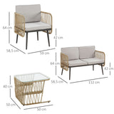 Outsunny Ensemble salon de Jardin 4 pièces canapé 2 Places + 2 fauteuils + 1 Table Basse Plateau Verre trempé 8 Coussins - métal et résine tressée - Beige
