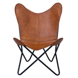 Chaise papillon en cuir marron clair avec base en métal noir