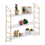 Relaxdays Étagère Murale, HxLxP: 60 x 60 x 15 cm, Rangement à 3 Niveaux, MDF & Fer, Support Salon, Blanc - Or
