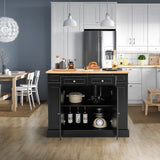 COSTWAY Ilot Central Cuisine Comptoir en Bois d'Hévéa Pliable, Étagères Réglables à 3 Niveaux, Desserte de Cuisine de Service avec Tiroirs, Supports Latéraux et 2 Portes, 61 x 120 x 92 cm, Noir