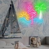 Lampe néon d'été à intensité variable alimentée par USB, en acrylique, flamant rose, palmier vert, décoration artistique pour décoration de plage, chambre de fille, hôtel, plage, piscine, fête (40 x