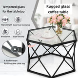 LIFEZEAL Table Basse en Verre Trempé, Table de Salon Hexagonal 65 x 56,5 x 40,5 cm, Table d'Appoint avec Cadre en Fer, Noir