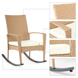 Mondeer Chaise de Jardin Exterieur Fauteuil à Bascule en Rotin Fauteuils de Salon à Bascule Rocking Chair avec Coussin D'assise Déhoussable Fauteuil Relax Jardin Plein Air Beige