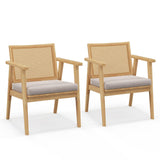 COSTWAY Lot de 2 Fauteuils de Salon 1 Place, Fauteuil Relax avec Cadre en Bois d’Hévéa, Fauteuil d'Appoint avec Dossier en Rotin Respirant & Coussin Amovible, pour Bureau, Salle d'Étude, Charge 135KG