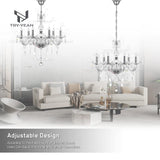 TRY-YEAN Lustre Baroque à 6 Bras Lustre Transparent Cristal K5 Lustre Pampille Suspension Lampe de Plafond avec Chaîne Réglable pour Chambre, Salon, Salle à Manger, Restaurant, E14