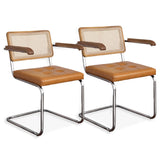SEEDWAVE Lot de 2 Chaises Cantilever de Salle à Manger avec Tressage Viennois, Accoudoirs en Bois Massif et Assise en Cuir PU, Design Vintage pour Salle à Manger et Salon