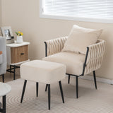 RELAX4LIFE Fauteuil de Salon avec Repose-Pieds, Fauteuil d’Appoint en Velours avec Oreiller Confortable | Pieds Métalliques Robustes| Patins Ajustables, Conception Semi-entourante 65X66X80CM, Beige