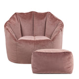 Icon Sirena Fauteuil Pouf Velours avec Tabouret, Pouf Chambre avec Remplissage, Fauteuil Salon Confortable, 1 Place, Chaise Chambre, Meuble Salon, Rose Poudre