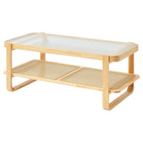 VEVOR Table Basse Rectangulaire en Rotin, Table de Salon avec Plateau en Verre Trempé, Meuble de Rangement Bohème Moderne de 115 cm, avec Pieds en Bois Naturel, pour Chambre et Petits Espac