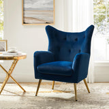 HULALA HOME Fauteuil de lecture confortable, à oreilles, rembourré, avec pieds en métal doré, confortable, en velours, pour salon, chambre à coucher, bleu
