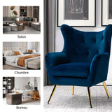 HULALA HOME Fauteuil de lecture confortable, à oreilles, rembourré, avec pieds en métal doré, confortable, en velours, pour salon, chambre à coucher, bleu