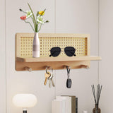 Porte-manteau mural avec étagère - Étagères pour livres d', crochets pour rangement dans le couloir | Fond en bois dur, étagère murale en bois avec crochets, organisateur d'étagère en rotin