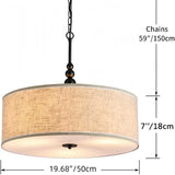 SHRINE Lighting Lustre tambour, suspension tambour pour salle à manger, D50 x H20 cm, chaînes réglables 59″, 3 douilles E27, abat-jour en tissu lin beige et tige noire