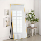 Poshions Grand miroir mural sur toute la longueur, Cadre en aluminium, Pour salon, chambre à coucher, 140 x 40 cm, Doré