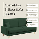 LIKMA Canapé 3 Places Extensible Davo Vert Bouteille 211 cm avec Fonction Lit Coffre Rangement Coussins Tissu Velours