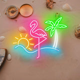 Lampe néon d'été à intensité variable alimentée par USB, en acrylique, flamant rose, palmier vert, décoration artistique pour décoration de plage, chambre de fille, hôtel, plage, piscine, fête (40 x