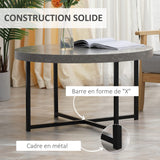 HOMCOM Table Basse Ronde Effet béton ciré en Bois et métal - Ø 80 x 45 cm - piètement croisé
