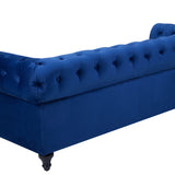 Canapé 3 Places en Tissu Bleu Assise Rembourrée Large Dossier Points Chesterfield