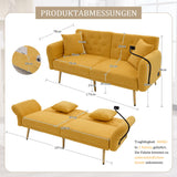 OKMYHOME Canapé 2 Places Moderne en Chenille avec Ports USB Poches Latérales et Porte-Téléphone - Canapé lit accoudoirs et Dossier réglables - Canape Convertible - Jaune