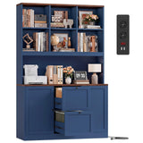 FirFurd Bibliotheque Meuble de Rangement avec Prise/USB, 2 Portes 2 Tiroirs pour Dossiers Suspendus, Armoire Bureau Bibliothèque Livre pour Salon Cuisine 116x40x182cm Bleu