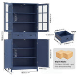 HOCSOK Buffet Cuisine, 180 cm Haut Vaisselier avec 2 Portes Vitrées, Armoire de Cuisine avec 4 Portes et 2 Tiroirs, Vitrine pour Salle à Manger, Bureau, Salon, Moderne, Bleu