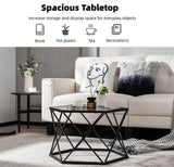 LIFEZEAL Table Basse en Verre Trempé, Table de Salon Hexagonal 65 x 56,5 x 40,5 cm, Table d'Appoint avec Cadre en Fer, Noir