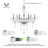 TRY-YEAN Lustre Baroque à 6 Bras Lustre Transparent Cristal K5 Lustre Pampille Suspension Lampe de Plafond avec Chaîne Réglable pour Chambre, Salon, Salle à Manger, Restaurant, E14