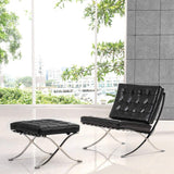 Fauteuil de salon classique - Pliable - En cuir véritable - Avec cadre en acier inoxydable - Pour chambre à coucher, salon, salle de lecture (noir, avec ottomane)