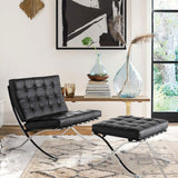 Fauteuil de salon classique - Pliable - En cuir véritable - Avec cadre en acier inoxydable - Pour chambre à coucher, salon, salle de lecture (noir, avec ottomane)