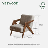 YESWOOD Fauteuil en Bois de Chêne Massif, Design Moderne du Milieu du Siècle, Fauteuil pour Salon, Chambre, 62 x 87 x 78 cm, Noyer