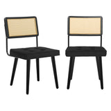 Lot de 2 Chaise Salle à Manger Art Deco,Chaise de cuisine avec velours Siège rembourrés,Pieds en bois,Dossier Rattan,Chaise à manger sans accoudoirs pour Salle à Manger,Cuisine,Salon(85x53x49cm,Noir)