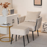 RELAX4LIFE Fauteuil de Salon avec Repose-Pieds, Fauteuil d’Appoint en Velours avec Oreiller Confortable | Pieds Métalliques Robustes| Patins Ajustables, Conception Semi-entourante 65X66X80CM, Beige