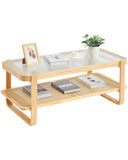 VEVOR Table Basse Rectangulaire en Rotin, Table de Salon avec Plateau en Verre Trempé, Meuble de Rangement Bohème Moderne de 115 cm, avec Pieds en Bois Naturel, pour Chambre et Petits Espac