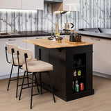 COSTWAY Ilot Central Cuisine Comptoir en Bois d'Hévéa Pliable, Étagères Réglables à 3 Niveaux, Desserte de Cuisine de Service avec Tiroirs, Supports Latéraux et 2 Portes, 61 x 120 x 92 cm, Noir